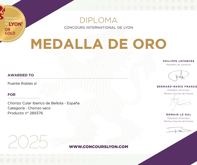 Diploma del premio al mejor chorizo del mundo. Medalla de Oro.